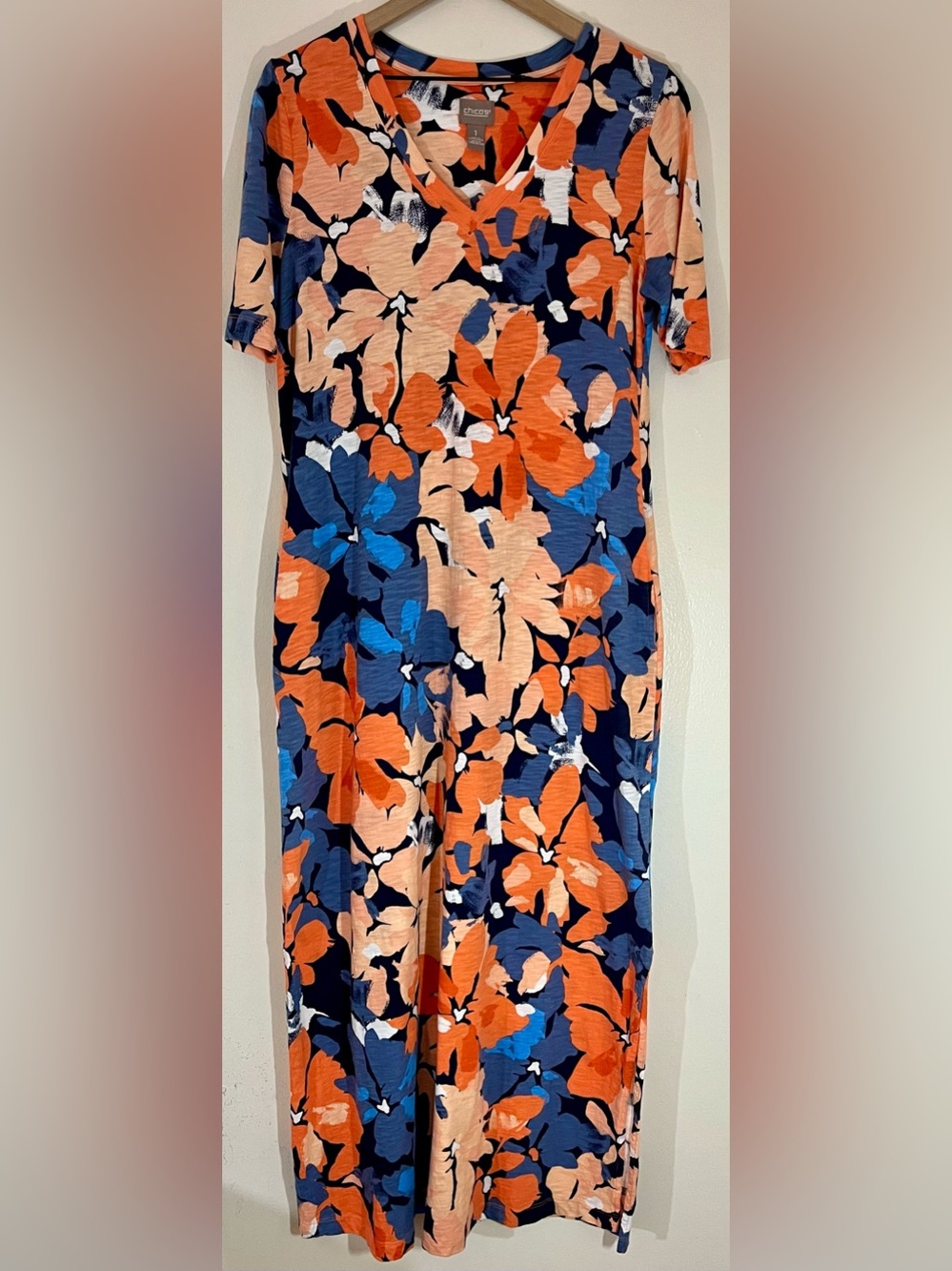 Chico's | Dresses | Chicos 0 Cotton Floral Short Sleeve Dress With Pockets Orange Blue Size M